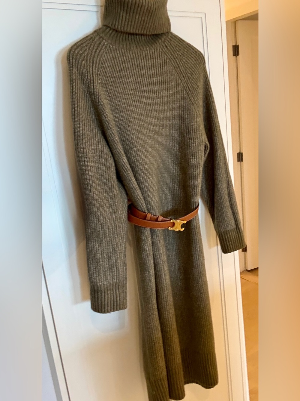 H&M Premium Chunky Ribbed Turtleneck Sweater Dress in Olive Green
